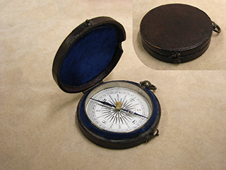 Early Victorian pocket compass in leather covered outer case circa 1860